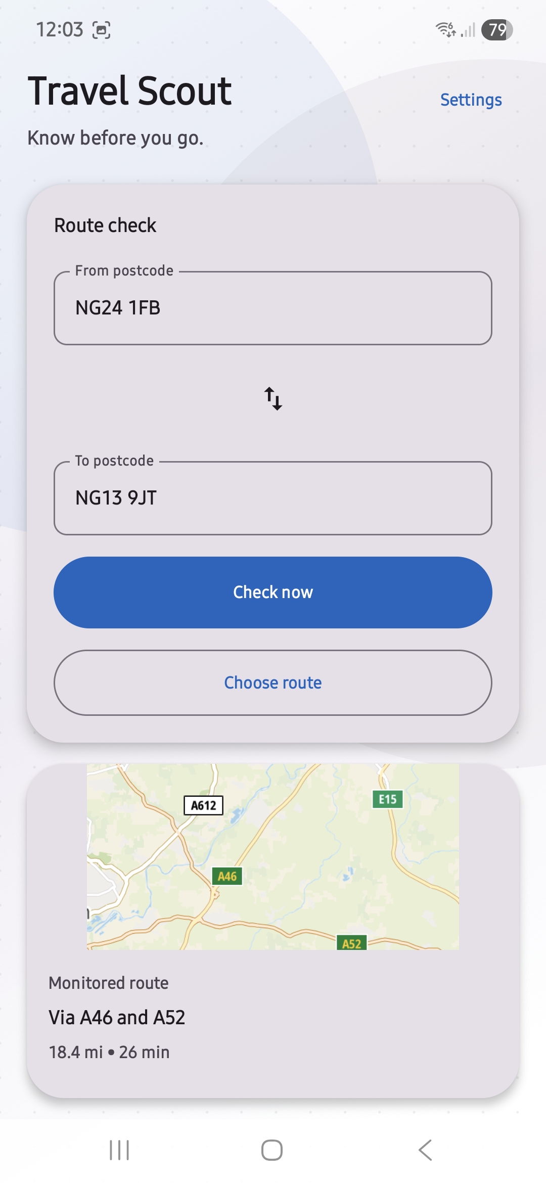 Travel Scout route check screen