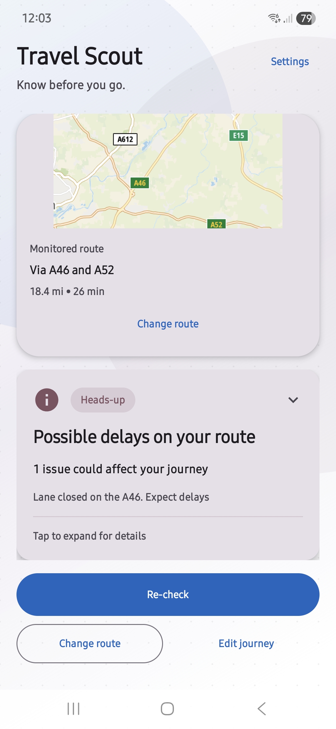 Travel Scout route result screen